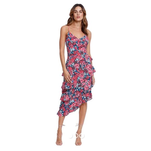 Elliatt Byron Asymmetrical Hem Midi Floral Dress in Multi Pink L - Picture 1 of 14